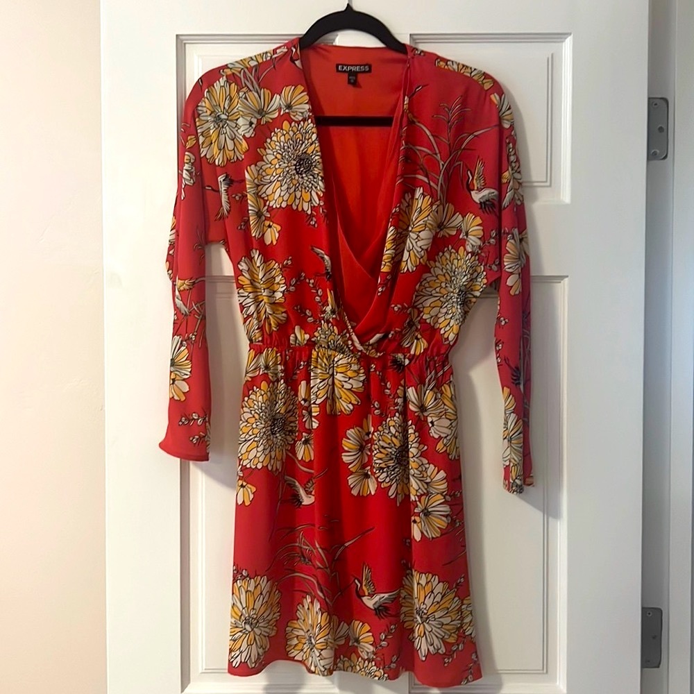 Express Dress Red/Orange Floral Print Long Sleeve XS